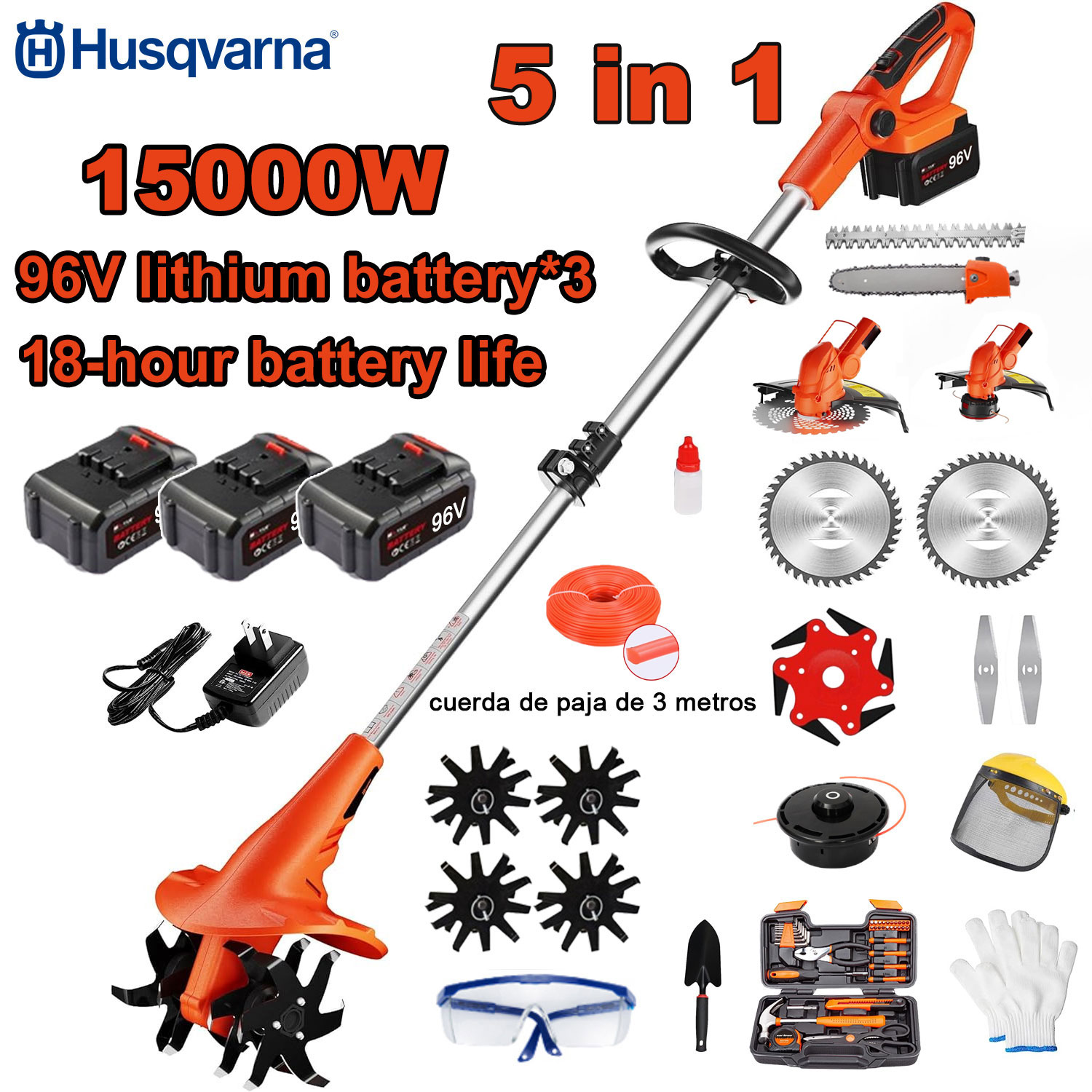 Cultivator electric 5-în-1 de 15000W (tăiere, tăiere copac, cultivare etc.) Baterie 96V*3+Încărcător rapid+Cultivator+Cap de tuns+Furghie de tăiat 3M*3+Lamă de ferăstrău din aliaj+Lamă*6+Lamă dreaptă+Set complet de accesorii